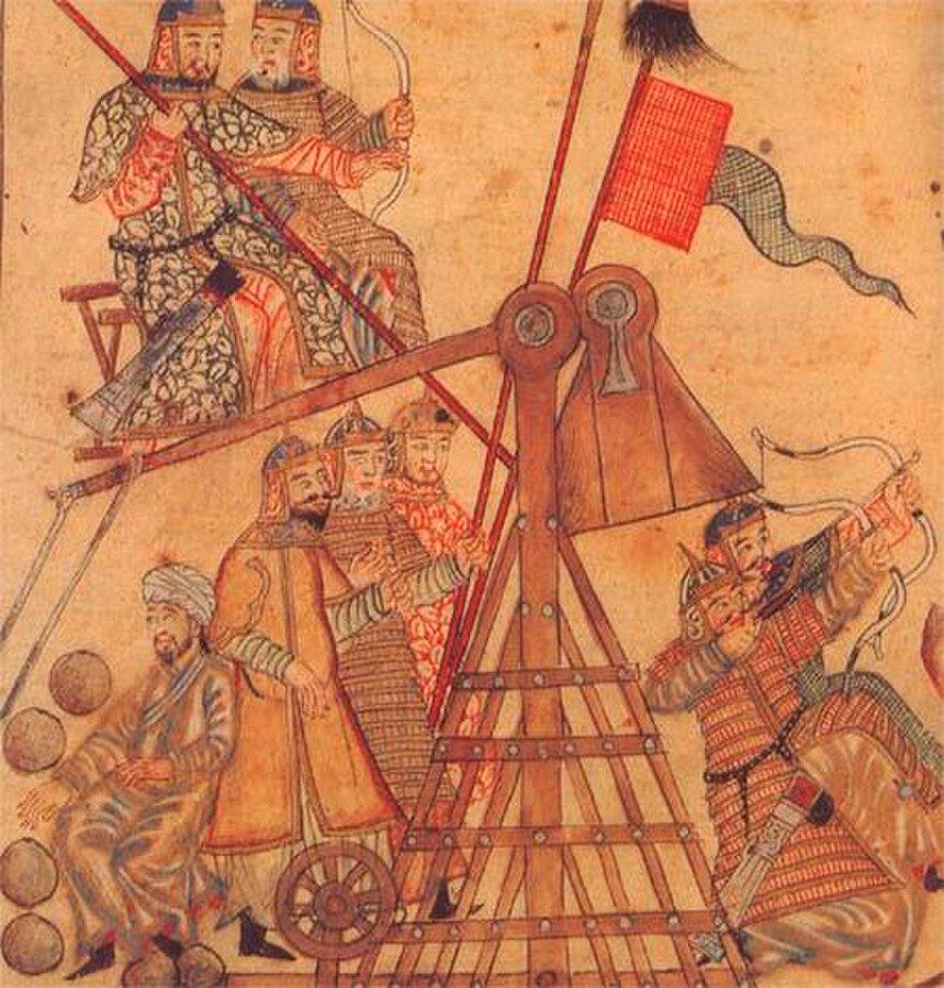 Mongol troops near catapult. Miniature from the Rashid al-Din's cronicle, 1307.