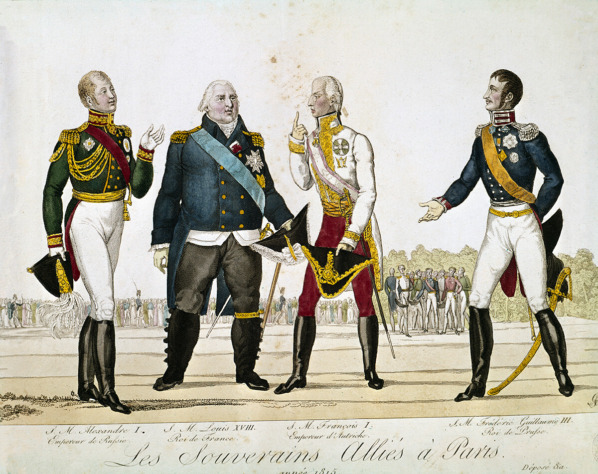 Alexander I of Russia, Louis XVIII of France, Francis I of Austria and Frederick William III of Prussia, 1815, coloured engraving.