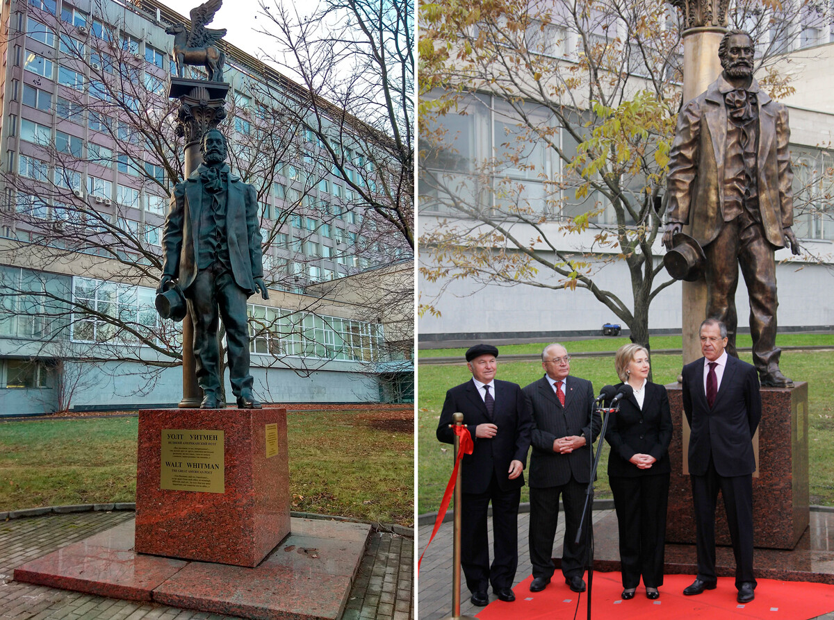 Pictured L-R: Former Moscow mayor, Yury Luzhkov, Moscow State University Rector Viktor Sadovnichy, U.S. Secretary of State Hillary Clinton and Russian Foreign Minister Sergei Lavrov during the ceremony of unveiling a monument to the American poet Walt Whitman