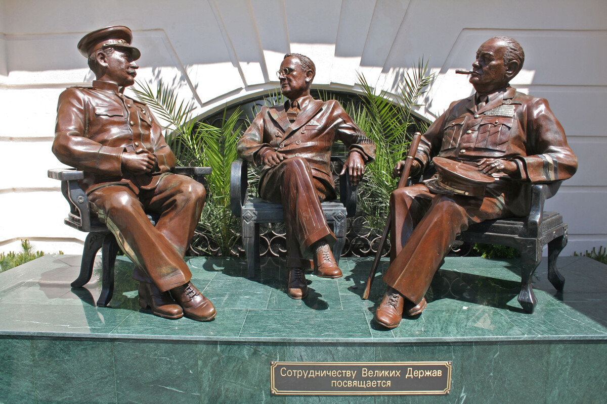 A monument to Joseph Stalin Franklin Roosevelt and Winston Churchill in Sochi
