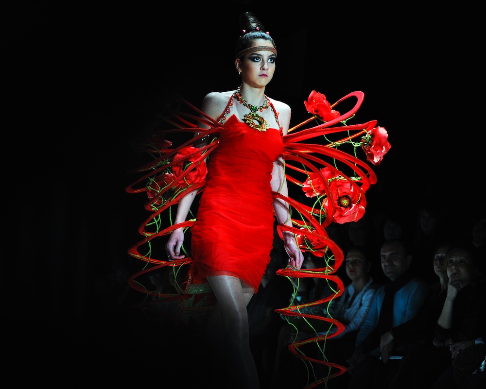 A model presents a creation by Russian designer group Labratoriya 13 during their show at the Mercedez-Benz Fashion week in Moscow October 21, 2011.