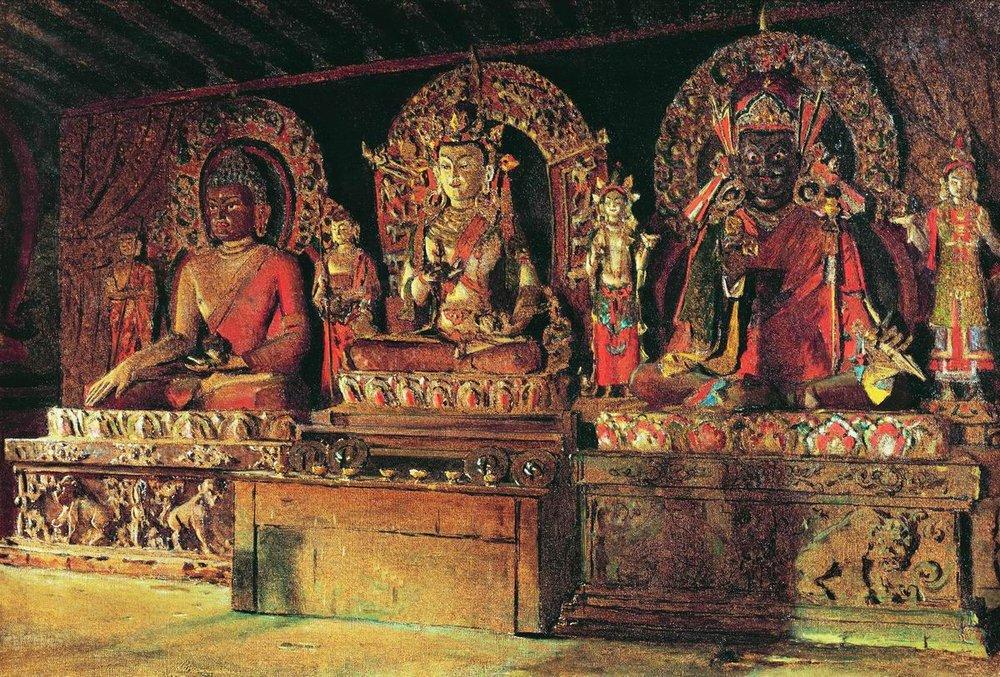 Estátuas dos três principais deuses budistas, Monastério de Chingachelim, Sikkim