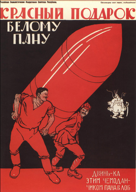 Rdeče darilo belemo panu. Udari ga s kovčkom po glavi! (1920). Številni Moorovi plakati so bili omejeni na rdečo in črno barvo. Z rdečo je označeval revolucionarne elemente, kot so zastave, majice in srajce delavcev.