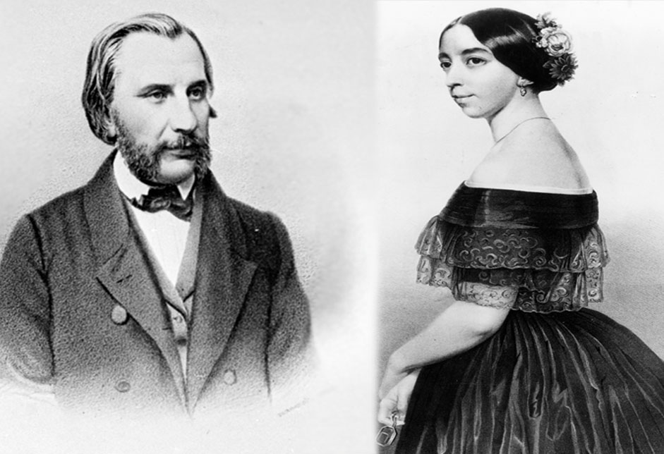 イワン・ツルゲーネフとポーリーヌ・ヴィアルド // ポーリーヌ・ヴィアルドは丸まった肩と男らしい容貌の顔つきが特徴で、とても美貌とはいえなかった。しかし彼女が歌い始めると、何もかもが美しく変容するのだった。1843年にロシアで『セビリアの理髪師』の上演を耳にしたイワン・ツルゲーネフが、魔法のように彼女の虜になったのは、もしかするとそれが理由なのかもしれない。イワンは彼女の夫でもなかったが、生涯彼女を崇拝し続けた。1845年、彼はポーリーヌを追ってロシアを去り、結果的にヴィアルド家に身を置き、彼女の4人の子どもを我が子のようにかわいがった。それに対し、彼女は彼の作品を批評し、自身のコネや社交能力を駆使することで、公共の場では常に彼に脚光が浴びるよう支援した。