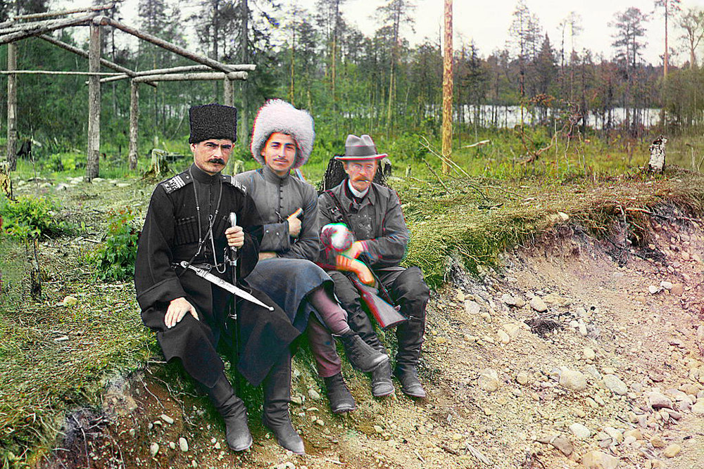 Group. (Myself with two others, Murmansk). 1915 //  Sergey Prokudin-Gorsky, pictured third from L-R, was a Russian chemist and photographer. He is best known for his pioneering work in color photography.