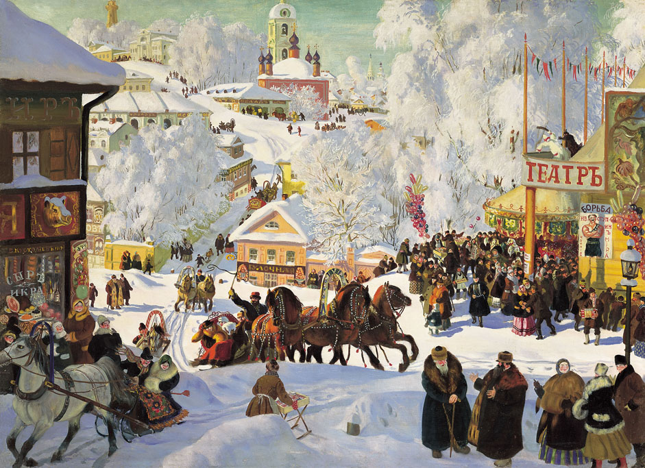 Kustodiev found time to devote himself to more intimate pursuits, such as his nostalgic love of old Russia, which he sought to recreate in a variety of paintings, watercolors, and drawings. He composed variations on the theme of maslenitsa in the paintings "Circus Tents" (1917), "Maslenitsa" (1919), and "Winter. Shrovetide Festivities" (1921).