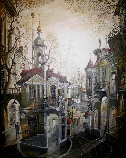 彼の古いモスクワの絵を見ていると、見る者は、いつの時代のどこが描かれているか、推測する事しか出来ない。描かれている建築物、教会、家や道路などは見慣れた感じがするが、具体的にどこのものかは思い出しにくい。