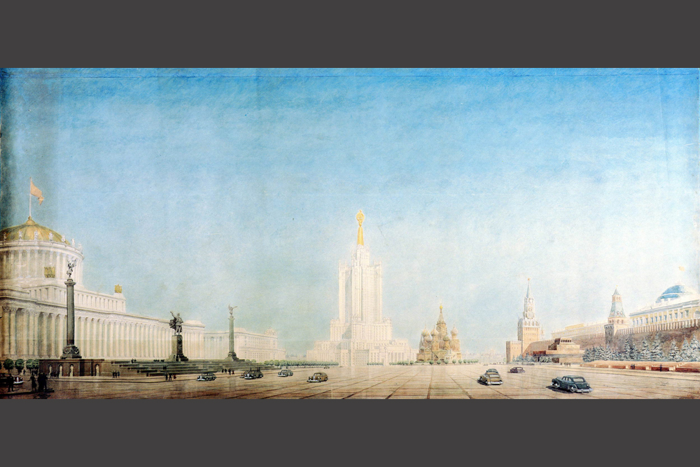 Im Jahr 1947 erließ die sowjetische Regierung eine Verordnung über die Konstruktion von Hochhäusern in Moskau. Bis Anfang der 1950er Jahre waren Wolkenkratzer auf den Leninbergen, am Smolensk-Platz, am Lermontow-Platz, am Komsomolskaja-Platz, am Kutuzowsly-Prospekt, am Kotelnicheskaja-Ufer und am Vosstanija-Platz entstanden. Lediglich der Bau eines 32-stöckigen Verwaltungsgebäudes in Sarjadje, das zu einem der Wahrzeichen der Silhouette der Innenstadt werden sollte, war nicht vollendet.