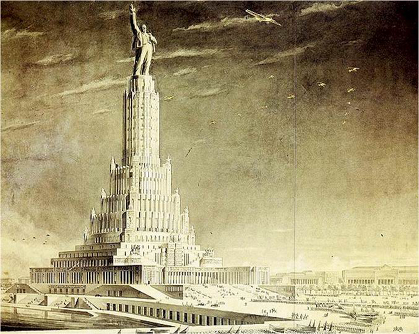 1931 wurde die Ausschreibung für den Sowjetpalast veröffentlicht. Sie umfasste mehrere Phasen. Der Palast sollte das größte Gebäude der Welt werden. Mit seinen 415 Metern Höhe hätte es die beiden damals höchsten Gebäude in den Schatten gestellt: Den Eiffelturm und das Empire State Building. Doch auch dieses Bauwerk wurde nicht errichtet.