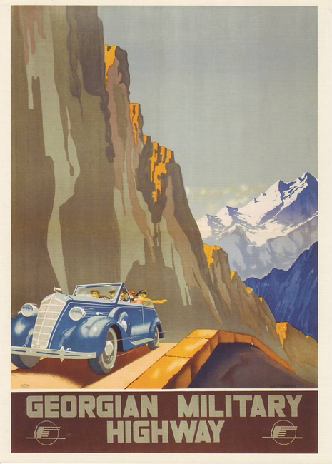 ポスターは、外国人による観光を管理する団体であるインツーリストの依頼により作成された。そのポスターには明らかに独特の視点があり、それなりに重要なものだ。 // グルジアの軍用道路、1939年