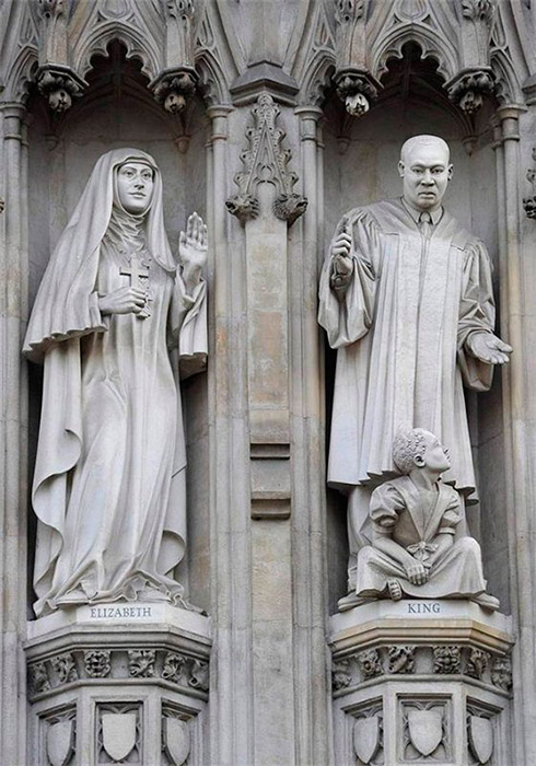 Ten 20th-century Christian martyrs from across the world are depicted in statues on the facade of Westminster Abbey, above the Great West Door, in London; the fourth from the left is Grand Duchess St. Elizabeth of Russia. / Grand Duchess Elizabeth Feodorovna. Sculpture. Westminster Abbey, London.