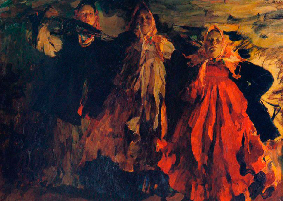 Храброто сликарство на Малјавин беа неговите неконвенционални позадини, големи фигури, плиткиот простор, необично силна боја и претерана декоративност. / „Селанка“ 1904 година.