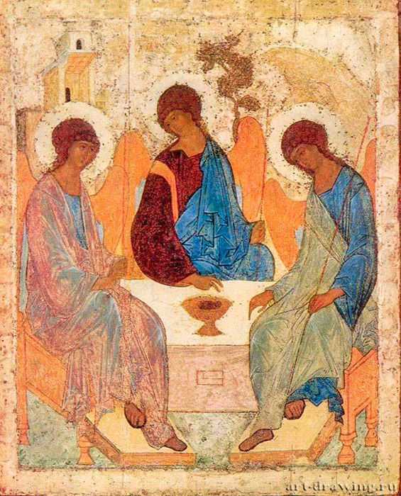 ルブリョフの名前は、さまざまな聖堂の建立に関連して年代記に記されているが、画家としての彼の名が知られるようになったのは、『至聖三者』が1904年に修復された後の20世紀前半のことだった。ルブリョフのイコンでは、3人の天使とその間の会話に主眼がおかれる。父なる神は、あらゆる人々に対する愛の名において十字架上で死を間近にする息子なる神を祝福したもう。聖神（右側の天使）は慰め役として表されているが、これは犠牲としての寛大な愛の深遠なる意義を確認するものである。/ 『至聖三者』、1410年