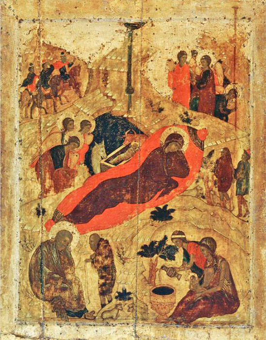 ルブリョフの初期の作品に数えられるのは、同じくモスクワの生神女福音大聖堂内にある『ハリストスの誕生』だ。鮮明な色彩と啓蒙に満ちた雰囲気を好んだ『ハリストスの誕生』の画家は、物体を単調な点やシルエットとしてではなく、小さいながらもどういうわけか巨大な空間における明るい存在としてとらえた。そこで描写されたあらゆるものに意味が与えられているが、それには空間的および精神的な自由も包含されている。/ 『ハリストスの誕生』1405年