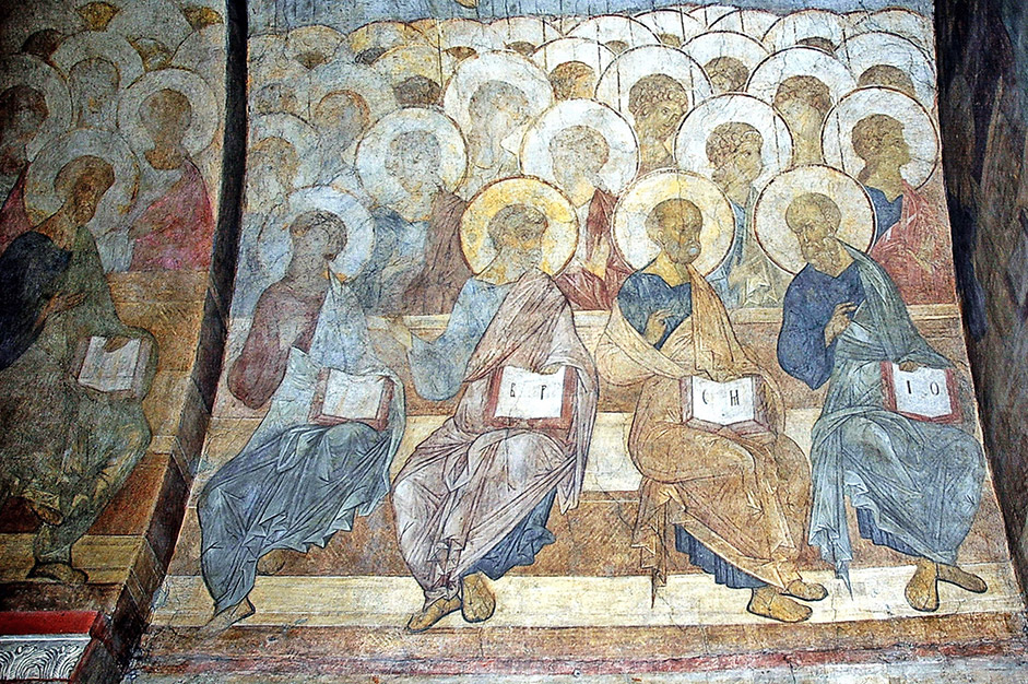 1408年に描かれたウラジミールの生神女就寝大聖堂のフレスコ画の大部分は、『最後の審判日』の部分から成る。保存されたフレスコ画は、大聖堂の西壁を覆う壮大な『最後の審判日』の部分を構成するものだ。最後の審判の場面にみられる感情的なムードは、過酷な審判に直面しながらも 恐怖の感情が見受けられず、寛大さと啓発のムードに満たされているという点で珍しい。/ 『最後の審判日』、1408年