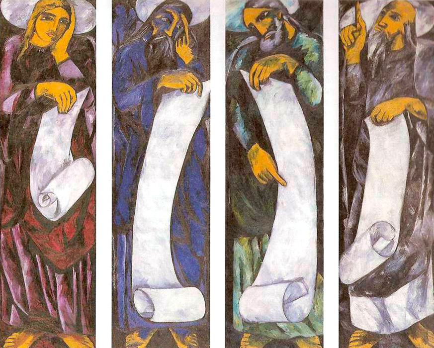 Slike Natalije Gončarove mogu se svrstati u kategoriju neo-primitivizma. Ekspresivne su i dekorativne. Linije i oblici stvaraju dinamičnu strukturu koja je definirana njezinim karakterističnim kontrastima. Gončarova je izbjegavala efekt volumena i dubine i više je voljela grafičke tehnike. / Evanđelisti (u četiri dijela), 1911.