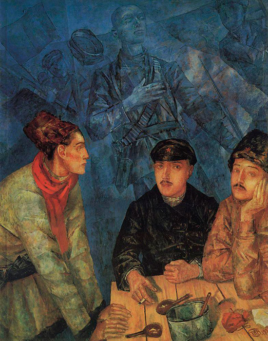 After the Battle was constructed in the clash of contrasting scales of ocher tones of the foreground and the blue background that had already been seen in Petrov-Vodkin’s paintings. It contains a prediction of the future possibilities of cinema—its retrospection and combination of multi-temporal levels. // After the Battle, 1923