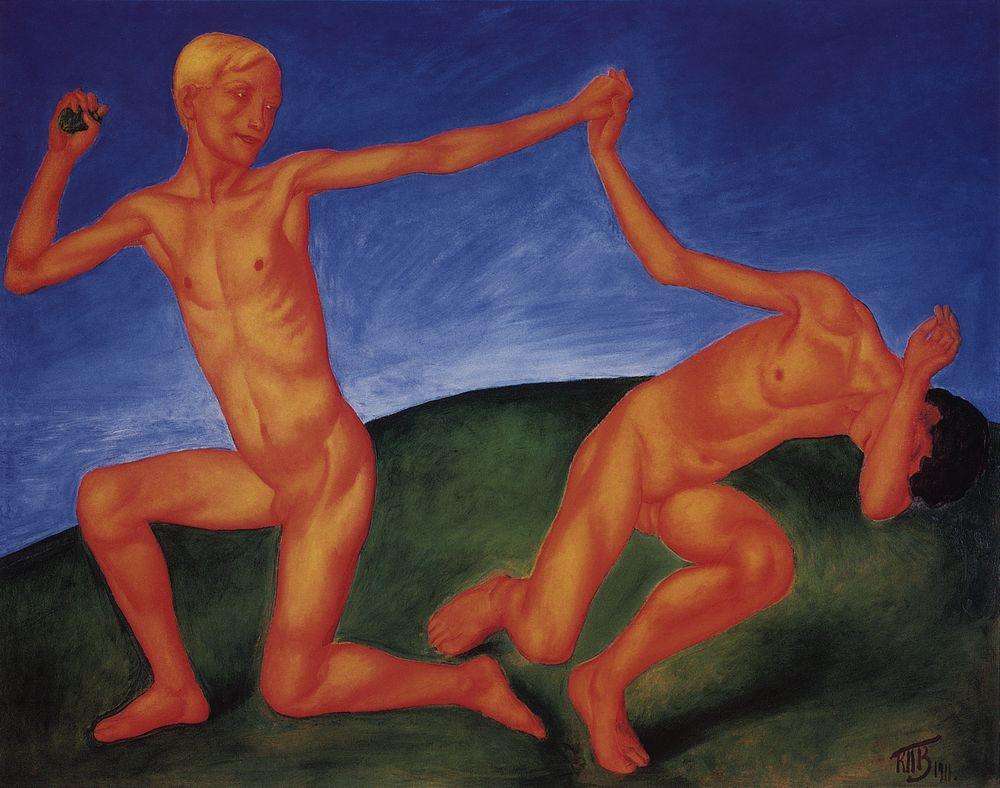The first and most emblematic painting of this type was Boys (or Boys at Play, 1911). Recalling his work twenty years later, Petrov-Vodkin said that Boys was “painted as a funeral march” for the deaths of Valentin Serov and Mikhail Vrubel. This painting, a celebration of youth and life, was a response to Russian art’s recent loss of two of its greatest masters. Boys’ main concept, in particular its color scheme, inevitably calls to mind Matisse’s famous mural, Dance, to which Petrov-Vodkin remarked, “You know, I think that we in Russia paint better than Matisse.” // Boys at Play, 1911