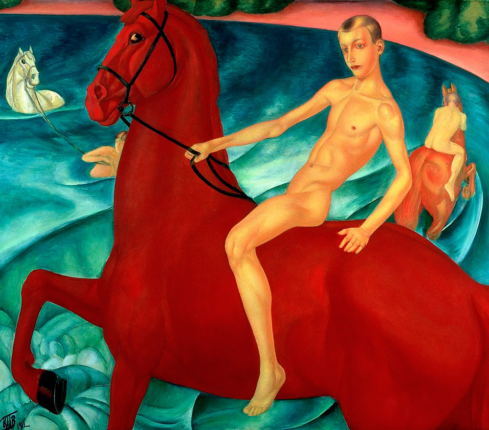 After Boys, Petrov-Vodkin created Bathing of a Red Horse, a work that holds a special place in his art and marked the beginning of the 1910s in Russian art. Work on Bathing of a Red Horse, however, started in the winter of 1911 and early spring of 1912. // Bathing of a Red Horse, 1912