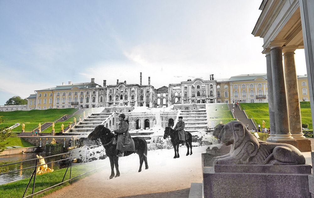 Personal militar soviético en el palacio de Peterhof. En el fondo de la imagen se ven el Gran Palacio de Peterhof y la fuente de Sansón. 