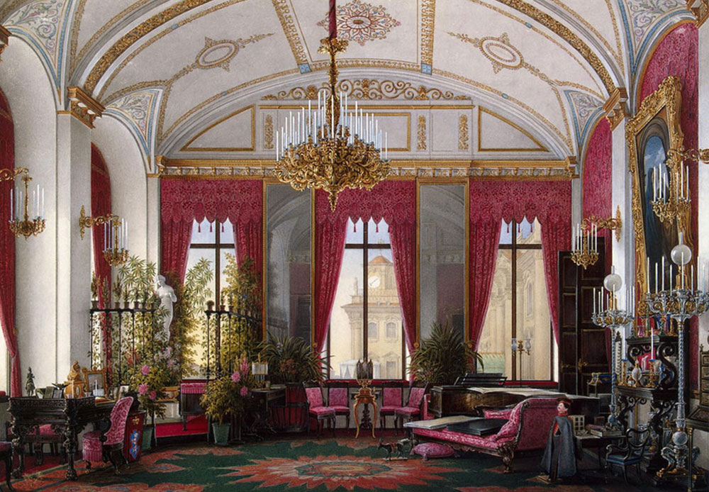 The Winter Palace, the Russian Empire's official residence in the 18th-20th centuries. Located in the heart of Saint Petersburg, this former imperial palace is now part of the Hermitage State Museum's complex. / Empress Maria Alexandrovna’s Crimson Cabinet