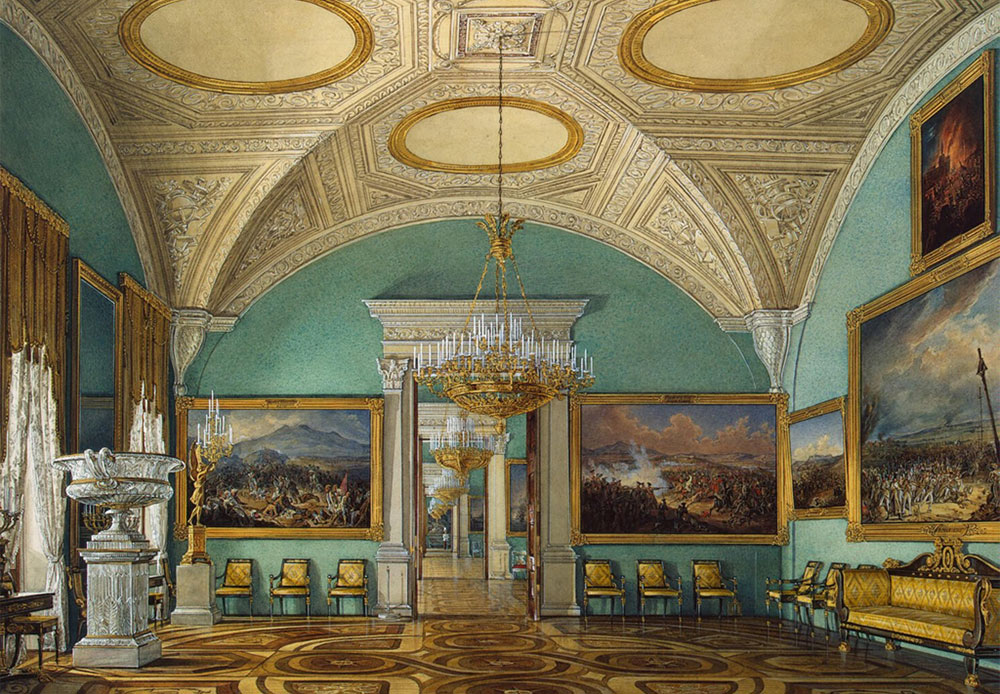 A partire dal 1850, per ordine dell'imperatore Nicola I, Gau ha iniziato a dipingere acquerelli degli interni del Palazzo d'Inverno. Nella foto, la quinta sala della Galleria Militare