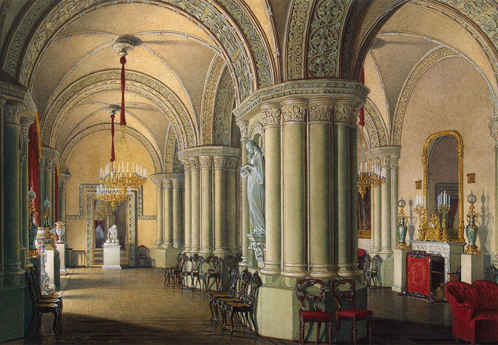 Nel 1904, Nicola II (l'ultimo imperatore russo) ha trasferito la sua residenza permanente dal palazzo Aleksandrovskij a Tsarskoe Selo (la tenuta della famiglia reale che si trovava vicino alla città di Pushkin, a 25 chilometri da San Pietroburgo). Nell'immagine, il salone gotico delle Granduchesse