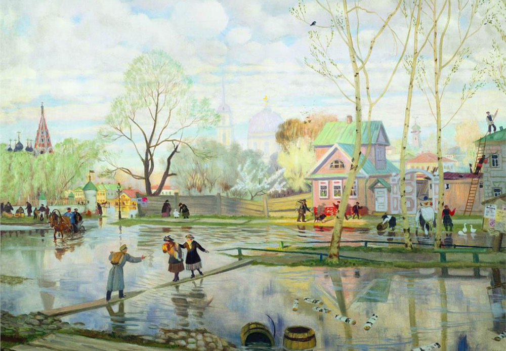 春を題材としたクストディエフのこの絵には軽快さがある。彼は、春が訪れ、生命が目覚める喜びを描こうとした。 /「 春」、1921年、ボリス・クストディエフ