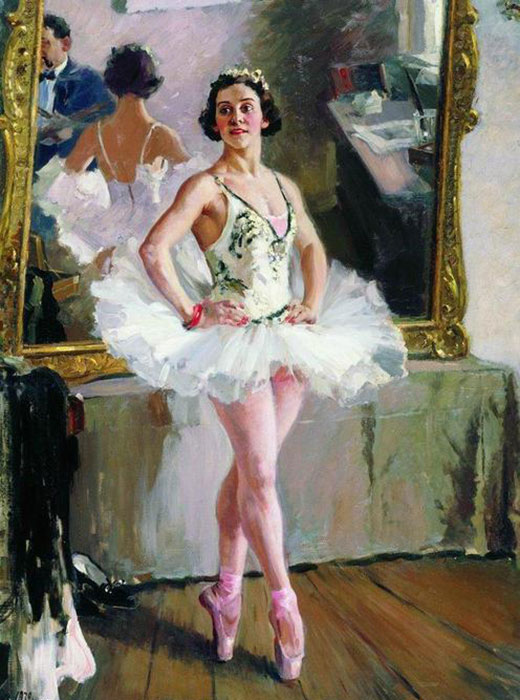 画家はしばしばロシアのバレエを題材とした。バレエ・ダンサー達のポーズと動きとしなやかさは美術において傑作を生み出した。 / 「バレリーナのオリガ・レペシンスカヤの肖像画」、アレクサンドル・ゲラシモフ、1939年