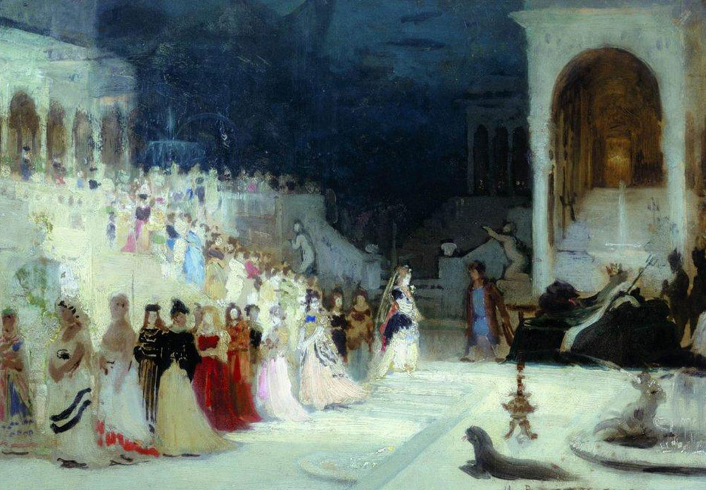 Painting, graphic arts, photography, and sculpture, with their powerful visual capacity, took ballet beyond the theater and into the wider consciousness / Ilya Repin, Scene from the ballet, 1875