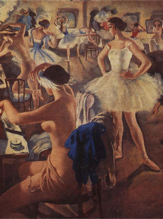 Contrairement à Edgar Degas ou Constantin Somov, Zinaïda Serebriakova ne peignait pas des scènes d’action du ballet. Ses tableaux reflètent avant tout la vie dans les vestiaires des danseuses : elle montre le ballet à travers des portraits des danseuses en costumes. / Zinaida Serebriakova, dans les vestiaires des danseuses (Ballerines du Bolshoï), 1922