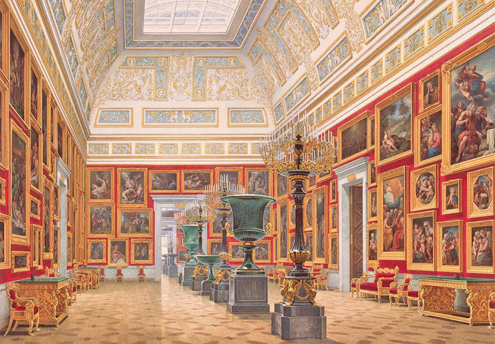 Édouard Pétrovich Gau (1807-1887) était un maître des "aquarelles architecturales". Il accordait toujours une attention particulière à la perspective de ses sujets. Ses "portraits d'intérieurs" sont d'une précision presque photographique: il reproduisait des détails infimes. / Intérieurs du Nouvel Ermitage. École italienne