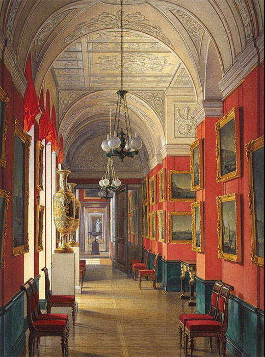 これらのギャラリーに展示された美術品が、後に帝国美術館のコレクションとして受け継がれた。 / 小エルミタージュの屋内。 サンクトペテルブルクを見渡すギャラリー