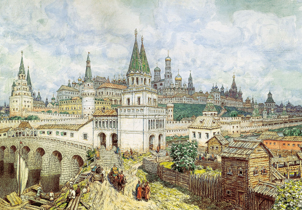 Apolinarij Vaznecov bio je na čelu komisije za proučavanje Moskve i radio je na arheološkim iskopavanjima. Naslikao je Most Svih Svetih koji je povezivao okrug Zamoskvorječje s Kremljom i smatrao se jednom od moskovskih čudesnih znamenitosti. Sagrađen je 1693., a postojao je samo do 1853. / Zlatno doba Kremlja. Most Svih Svetih i Kremlj krajem 17.stoljeća. Apolinarij Vaznecov