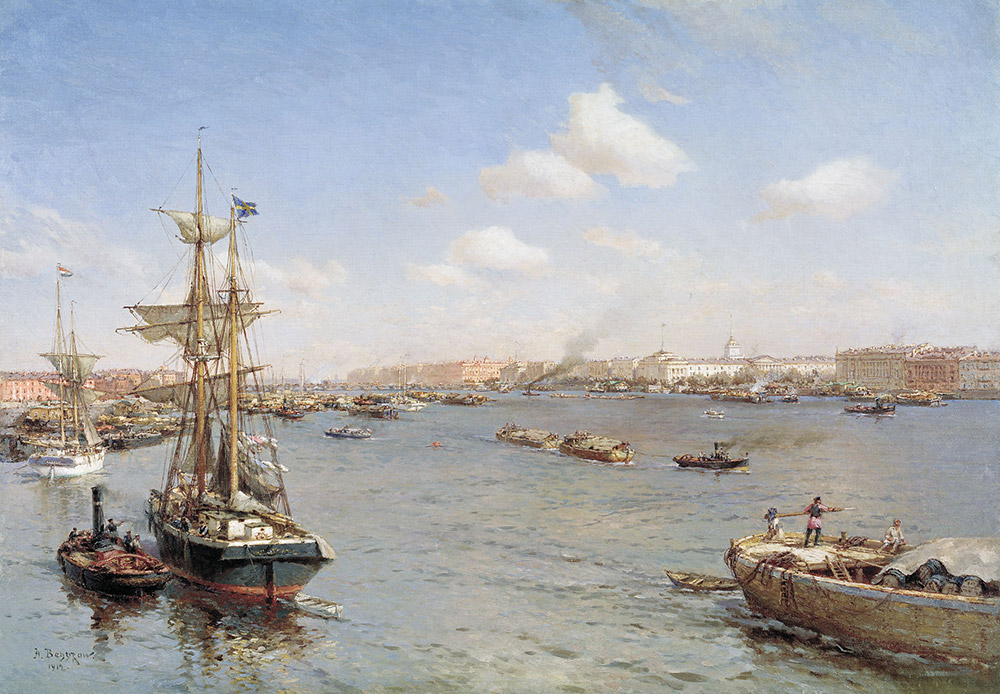 サンクトペテルブルクは海の港として建造された。すべての建物や市内の地域は、最大限のアクセスを水上輸送手段に提供することが求められた。1851年にサンクトペテルブルク・モスクワ間の鉄道が開通する以前の首都との主な交通手段は、ネヴァ川を使ったものだった。/ ペテルブルクのネヴァ川の光景、1912年、アレクサンドル・べグロフ