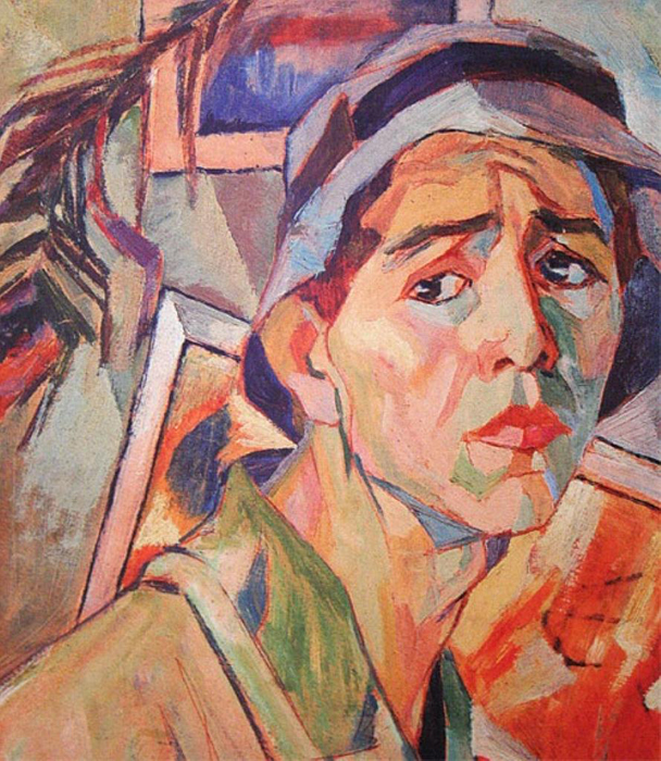 アレクサンドル・デイネカは、1899年5月20日クルスクに生まれ、モスクワの「国立高等美術工芸工房」（ブフテマス）で教育を受けた。デイネカの学生時代の絵には人物像が多い。彼は肉体的で表現豊かなものが好きだった。 // パナマ帽を被った自画像