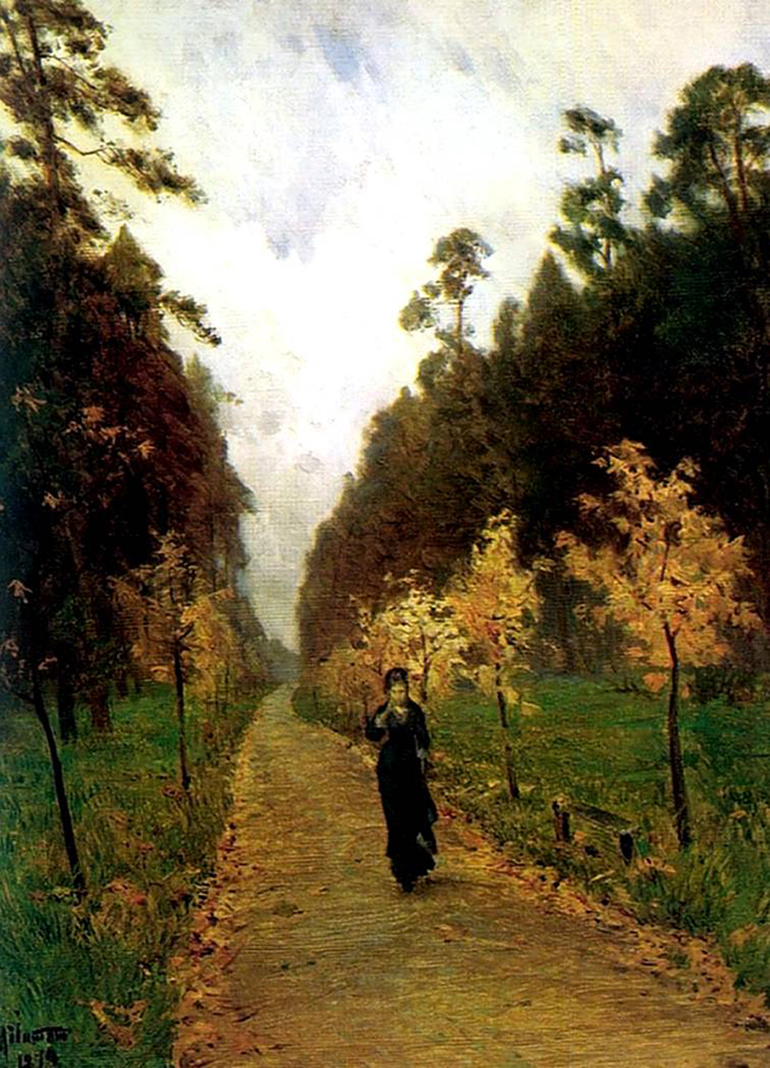 「秋の風景：ソコリニキ」はレヴィタン特有の風景画で、公園の中を散歩する女性を描いている。興味深いのは、この女性を描いたのはレヴィタン自身ではなく、アントン・チェーホフの兄で、彼の友人だった画家のニコライ・チェーホフだったということだ。 // イサーク・レヴィタン「秋の風景：ソコリニキ」、1879年