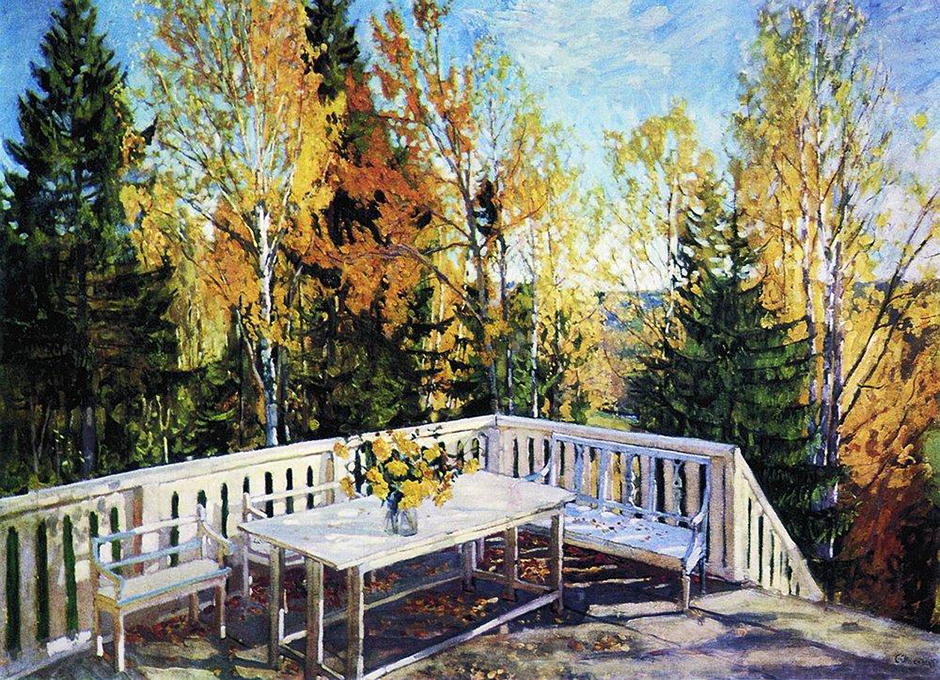 スタニスラフ・ジュコフスキーの作品は風景画だけでなく、彼は貴族の地所内外の装飾も得意とした。「秋、ベランダ」という作品で、彼は、2つの得意のモチーフを組み合わせることに成功した。 // スタニスラフ・ジュコフスキー、「秋、ベランダ」、1911年