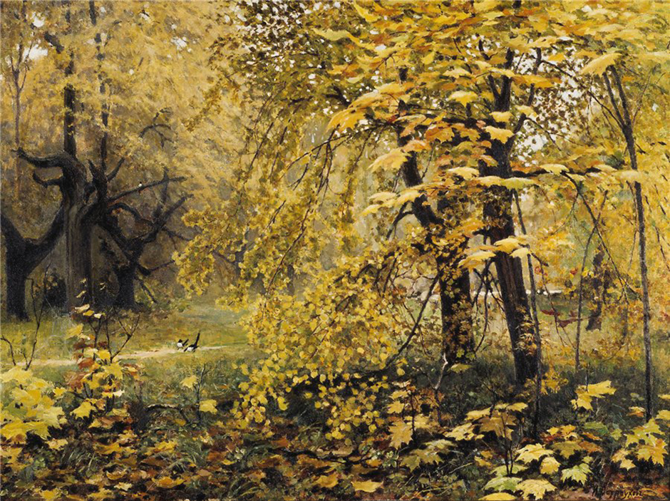 イリヤ・オストロウーホフの「黄金色の秋」は、サッヴァ・マモントフが所有していた地所、アブラムツェヴォで描かれた。この地方は、アブラムツェヴォ派を構成した多くの画家によって描かれた。 // イリヤ・オストロウーホフ、「黄金色の秋」、1886年