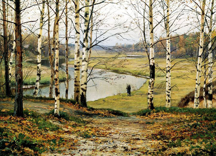 エフィム・ヴォルコフによって描写された秋は、陽気な色彩の豊かさを表しているのではなく、落ち葉や寒い天候を表している。 // エフィム・ヴォルコフ、「10月」、1883年