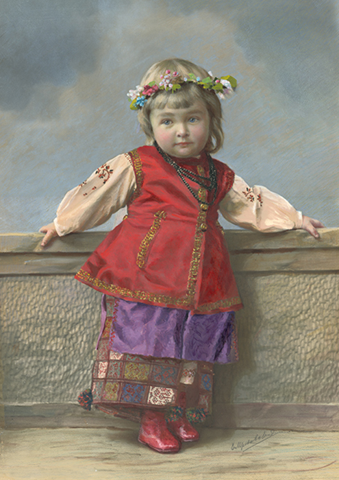 Portrait d'une petite fille en costume ukrainien, années 1900
