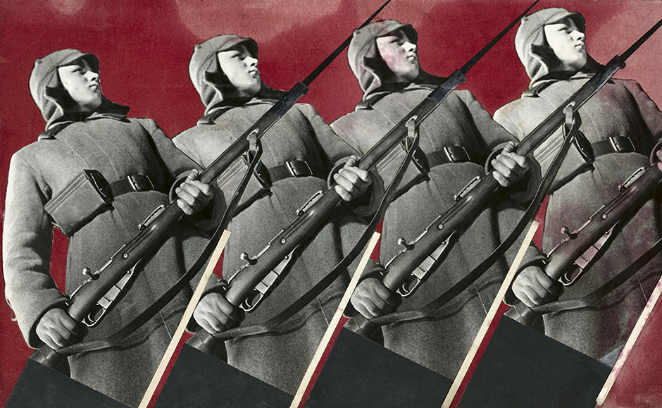 露出を最小限に抑えながら、青・緑・赤のフィルターを通して、3枚の写真を素早く連続撮影した。彼はこれらの3枚のネガを使って3枚の写真を現像した。// 赤軍兵士。「海外」誌に掲載された合成写真、1930年。