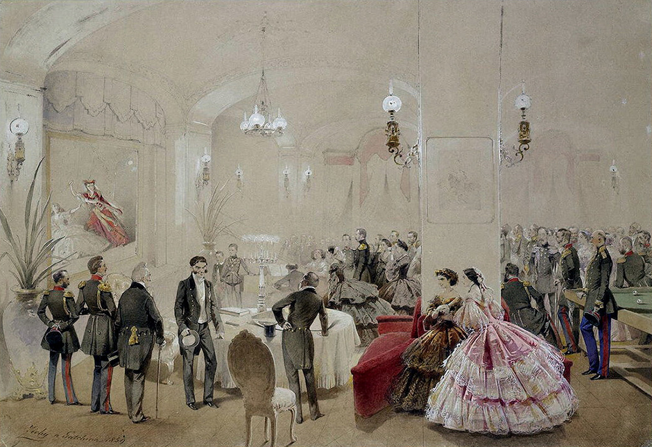 Prior to that, in 1856, he had created a series of major watercolor sketches of the coronation of Emperor Alexander II, for which the St. Petersburg Academy of Arts awarded him the title of academician.