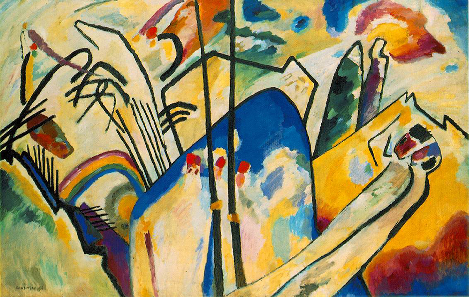 "Compositions" is a famous series of works by Kandinsky, which fully expresses his creative pursuits. Before arriving at abstract art, he experimented with Expressionism and Fauvism, and attached himself to decadent Russian circles. The first "Composition" dates from 1910, the last from 1939. He painted ten in total, but the first three were destroyed during the Second World War, and only photos of sketches of some have survived. // Composition IV, 1911