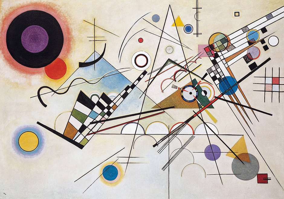 "Composizione VIII" di Vasilij Kandinskij è l'opera più famosa della serie. Essa riflette l'influenza del Suprematismo e del Costruttivismo, in cui Kandinskij si calò in Russia e al Bauhaus // Composizione VIII, 1923
