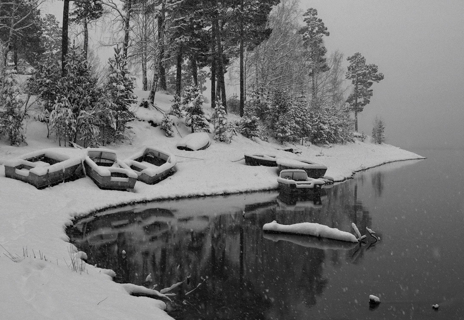 "Prvi snijeg". Prvi snijeg padao je cijeli dan na Krasnojarskom umjetnom jezeru, svjež i paperjast, što je poslužilo kao inspiracija za ovu fotografiju.