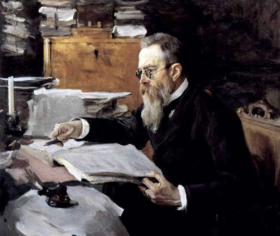 Many ceremonial portraits at the time were painted according to a template. Having found a formula that worked, artists used it repeatedly, depicting their subjects in the same poses time and again. // Portrait of composer Nikolay Rimsky-Korsakov, 1898