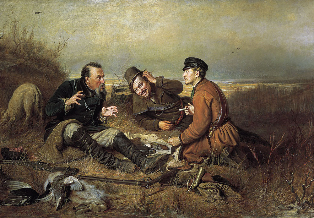 「岸辺の狩人」ワシーリー・ペロフ、1871 /ワシーリー・ペロフは、情熱的な狩猟家であったため、彼の全ての狩りのテーマには本物らしさがある。異なる三人の猟師：左の猟師は、彼の狩猟の手柄話をするのが好きな熟練者。二人目は、それを疑い、三人目は、素直に受け止める新人。