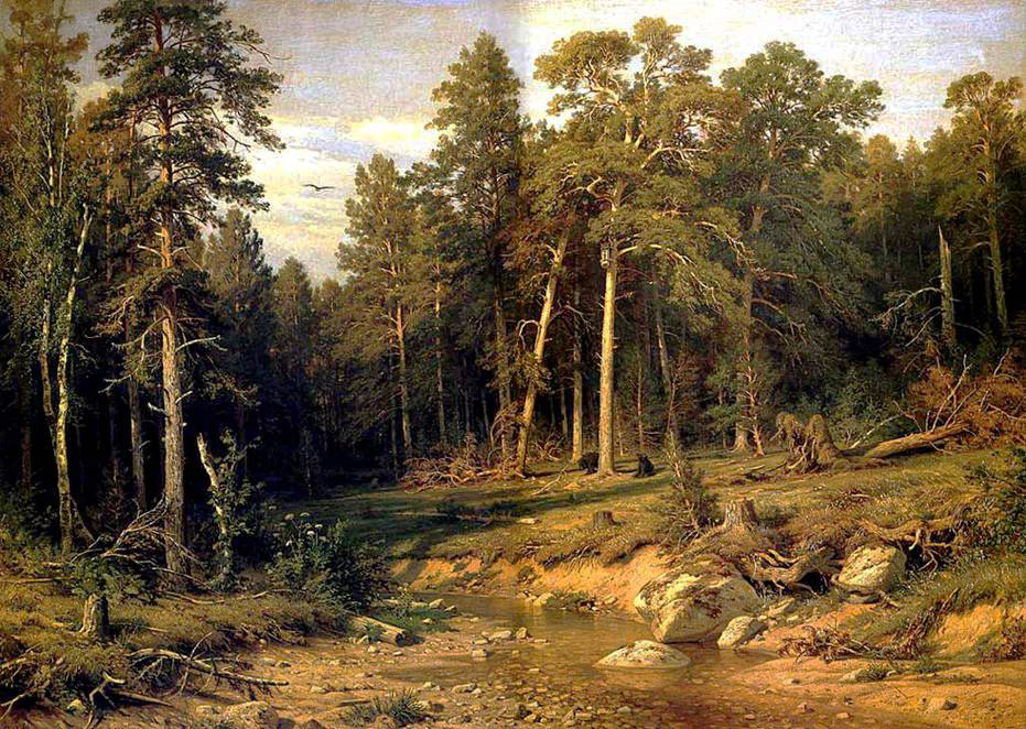 「松の森」イヴァン・シーシキン、1872 /イヴァン・シーシキンは、ロシアの自然はロシア人の考え方、生活、国民を総括しても切り離すことができないと確信していた。正午の松林は、国の潜在的な強さを象徴している。