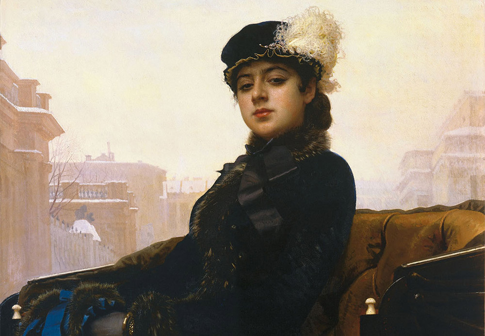 「忘れえぬ女」イワン・クラムスコイ、1883/この無名の女性の絵は観る者を魅了し惹きつける。彼女は、伝統的な観点において、けして美しくはないが、印象的で上品な当時の最新流行のファッションに身を包んでいる。